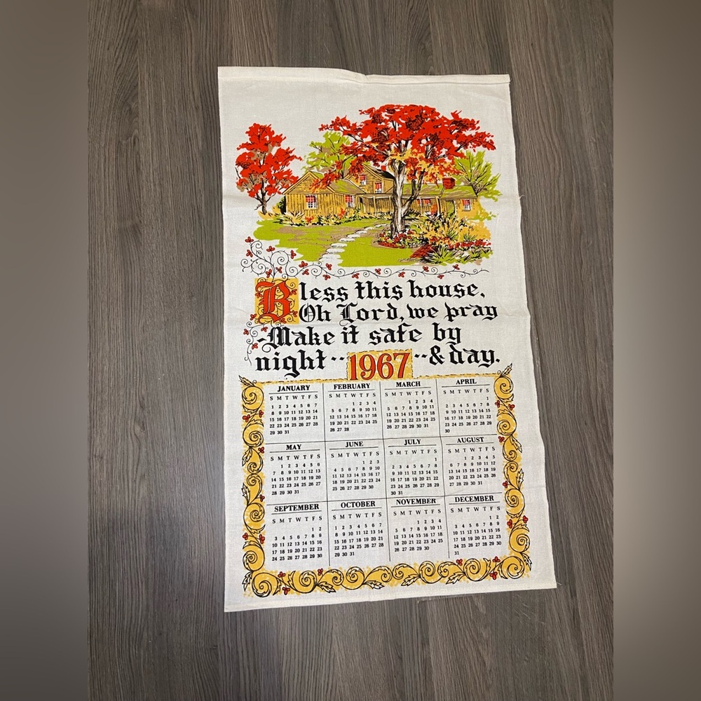 Vintage 1967 Linen Calendar Tea Towel